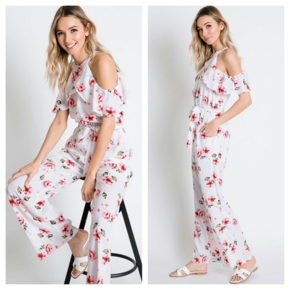 Dani & Davi Crepe Cold Shoulder Floral Jumpsuit
